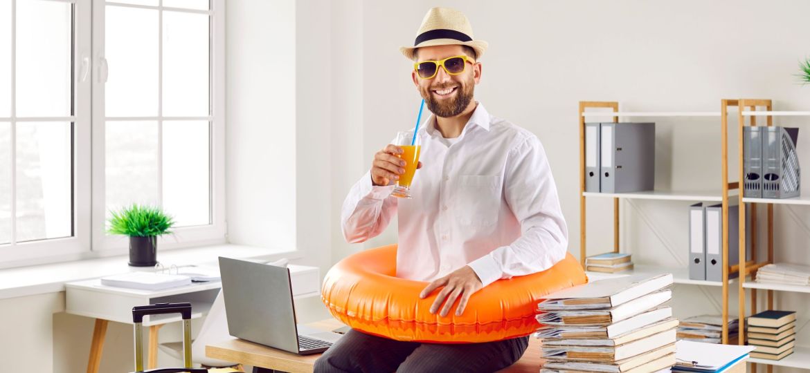 Funny office worker ready to go on summer holiday.